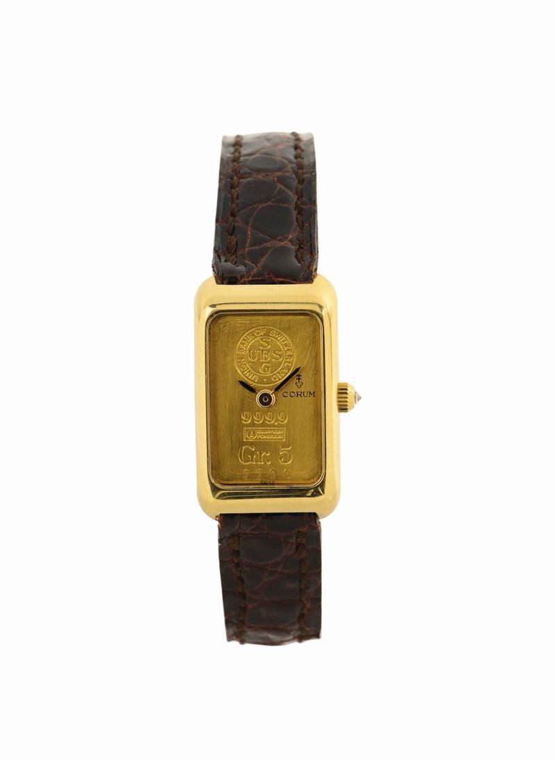 CORUM GR.5 GOLD INGOT WATCH Corum, Ingot Watch, No. 2794, Ref. 14300, case No. 349863. Made circa 1980. Fine, rectangular 18K yellow gold and diamond wristwatch made of a 5 gram 999.9 gold ingot. Accompanied by a Corum gold plated buckle.  - Auction Watches and Pocket Watches - Cambi Casa d'Aste