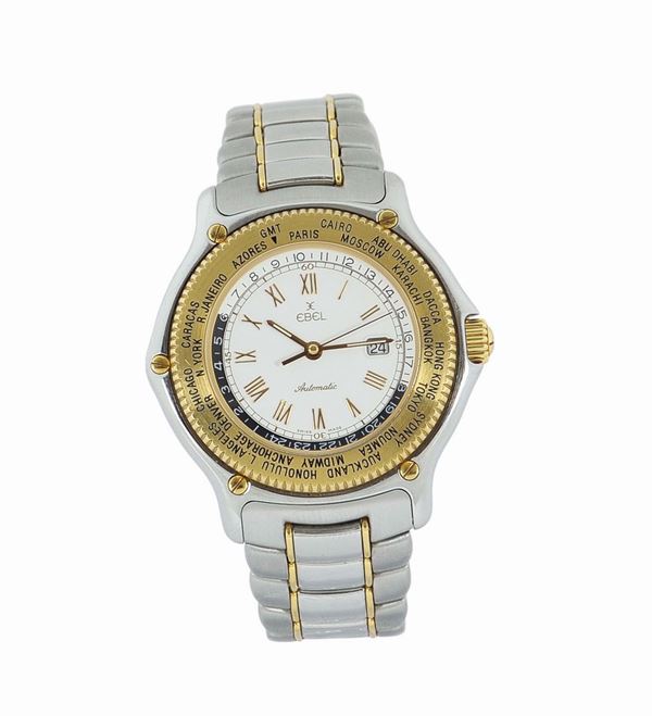 Ebel, Voyager, Ref.1124913. Produced in the 1990's. Fine, hexagonal, center-seconds, self-winding, water-resistant, World Time, stainless steel and 18K yellow gold gentleman's wristwatch with date, 40 hours autonomy and a stainless steel and 18K yellow gold Ebel link bracelet and deployant clasp.