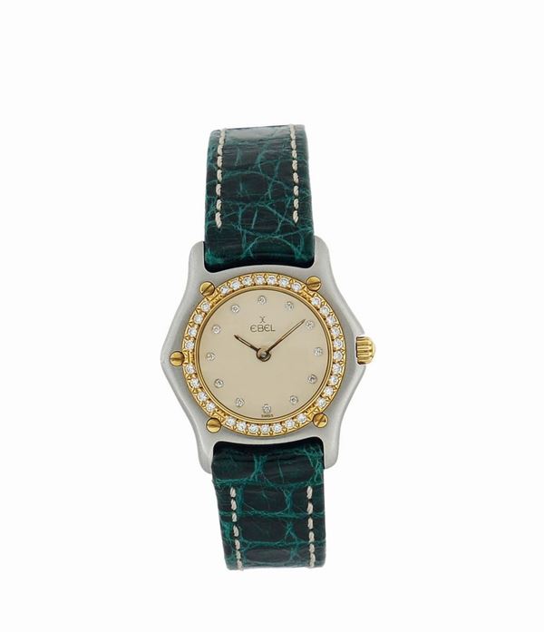 Ebel,1911 Steel & Gold with diamonds lady's quartz wristwatch .Made in the 2000's. Fine, stainless steel and 18K yellow gold lady's quartz wristwatch with diamonds and a gold plated Ebel buckle. Accompanied by the original box