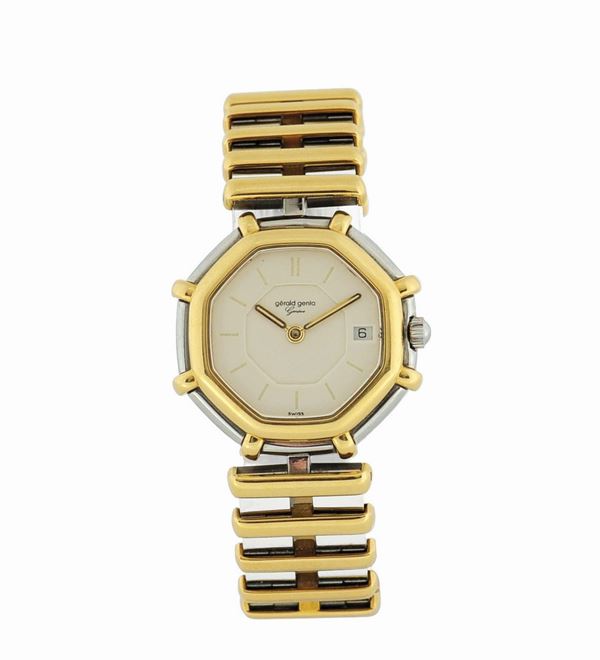 GERALD GENTA REF. G2851.7, OCTAGONAL YELLOW GOLD AND STEEL LADY'S QUARTZ WRISTWATCH with a stainless steel and gold Vacheron Constantin bracelet and deployant clasp. Made in the 1990s. Accompanied by the original box.