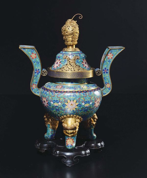 A cloisonné enemel tripod censer and cover, China, Qing Dynasty, 19th century
