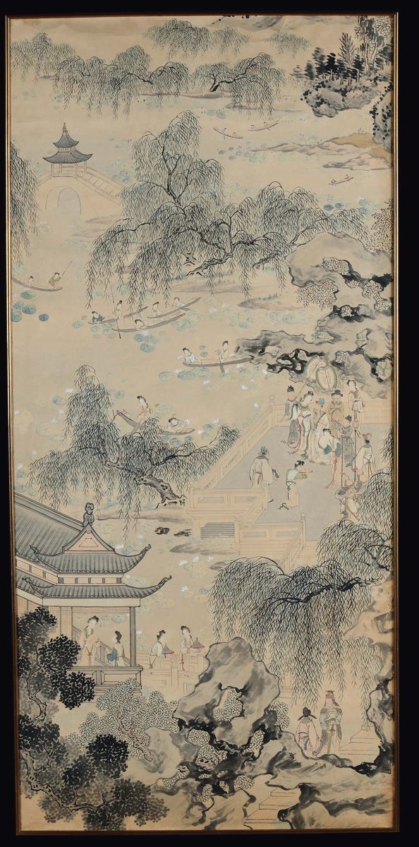 Dipinto su carta raffigurante paesaggio fluviale con scena di vita comune, Cina, Dinastia Qing, XIX secolo