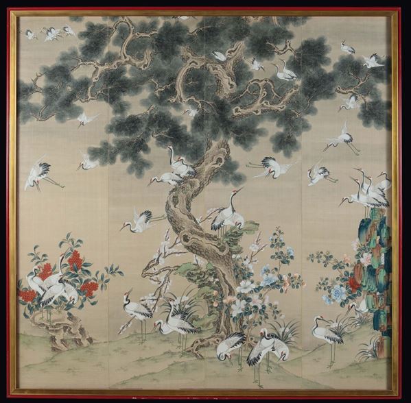 A framed painting on silk depicting cranes variously in flight, China, Qing Dynasty, 19th century