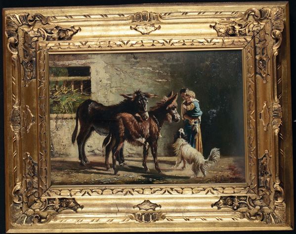 Antonio Milone (1834-1919) Esterno rustico con asinelli e contadina