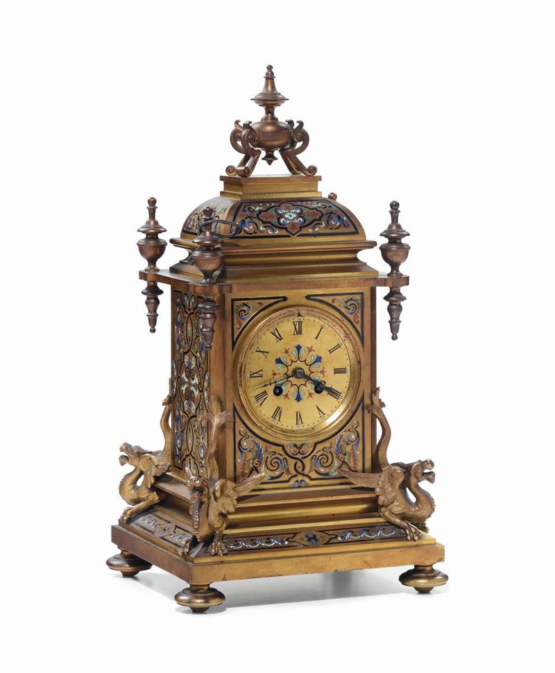 Orologio da tavolo in bronzo e smalti, XIX-XX secolo  - Auction Furnishings from the mansions of the Ercole Marelli heirs and other property - Cambi Casa d'Aste