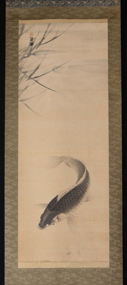 Dipinto su seta con carpa, Cina XIX secolo