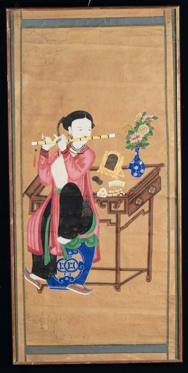 Dipinto su seta con suonatrice di flauto, Cina XIX secolo  - Asta Arredi dalle dimore degli eredi Ercole Marelli e altre provenienze - Cambi Casa d'Aste