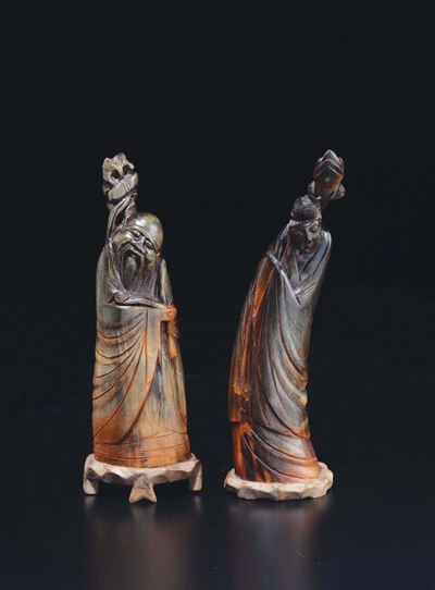 Sculture in Corno di Bue Raffiguranti Guanyin e Dignitario, Cina, Dinastia Qing, Fine XIX Secolo