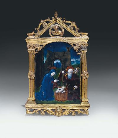 Pace in Smalto Policromo su Rame Centinato Raffigurante Natività. Limoges XVI Secolo