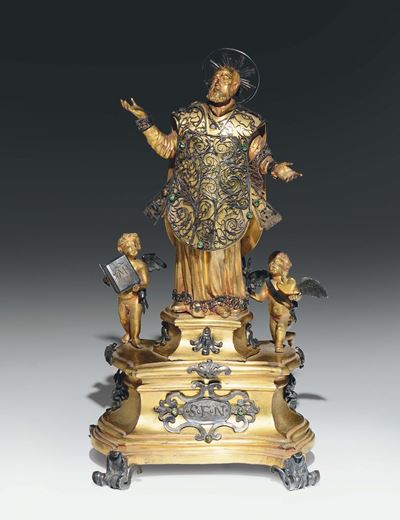 Gruppo di Figure in Bronzo Fuso, Cesellato, Dorato e Argentato, con Pietre Dure, Raffigurante S. ...