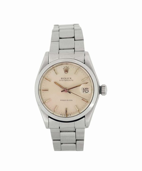 Rolex, Oysterdate, Precision, case No. 3685877,  Ref. 6466, center seconds, water-resistant, stainless steel mid-size wristwatch with date and a stainless steel Oyster Rolex bracelet with deployant clasp.Made in 1974.