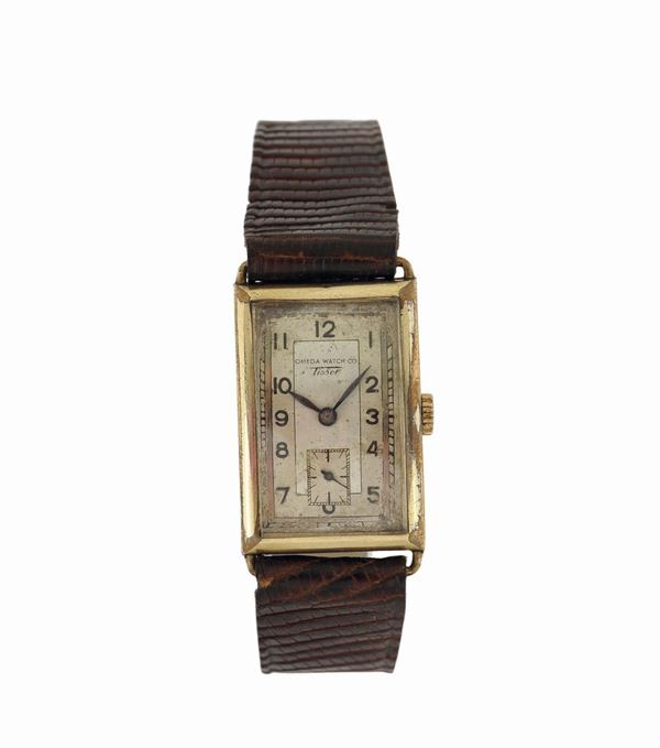 Tissot, Omega Watch, case No. 567676, movement No. 568589, gold plated rectangular wristwatch. made in the 1940's.