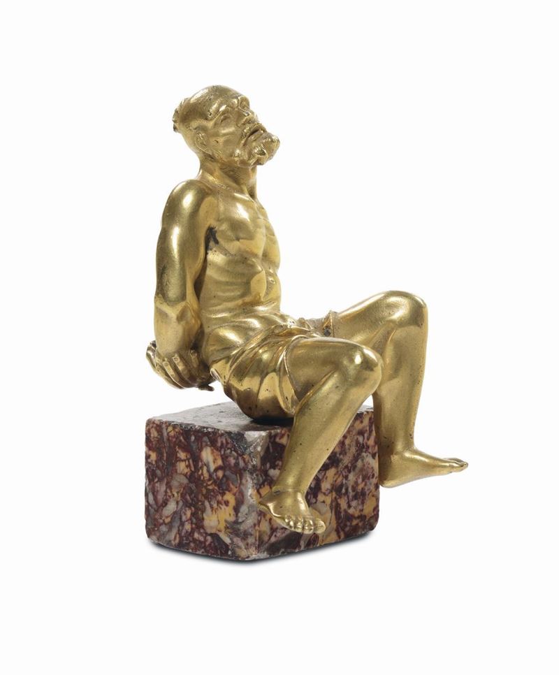 Bronzetto dorato raffigurante schiavo in catene, XVIII secolo  - Auction Furnishings from the mansions of the Ercole Marelli heirs and other property - Cambi Casa d'Aste