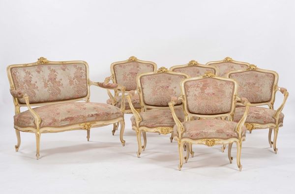 Salotto in legno intagliato, laccato e dorato, XIX-XX secolo