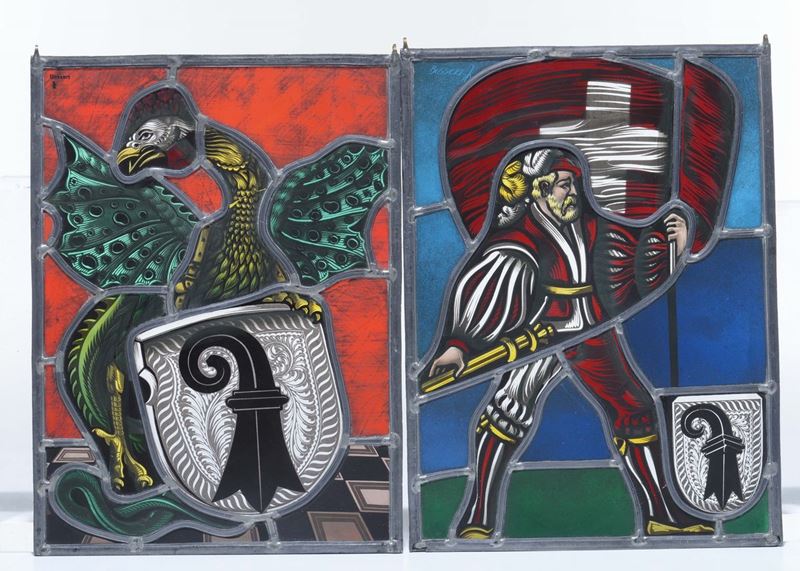 Coppia di vetrate con stemmi in vetro di Basilea  - Asta Arredi dalle dimore degli eredi Ercole Marelli e altre provenienze - Cambi Casa d'Aste