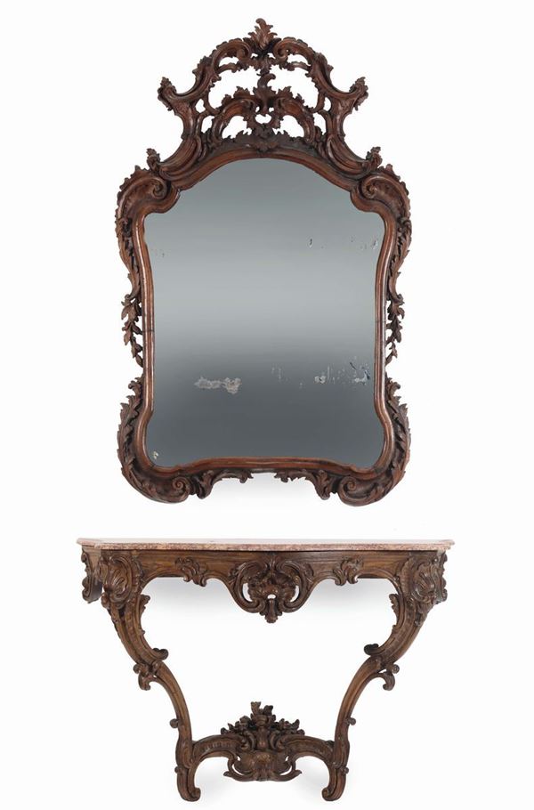 Console con specchiera in legno intagliato, XVIII-XIX secolo