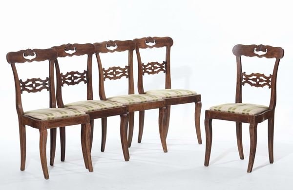 Cinque sedie con schienale traforato, XIX secolo