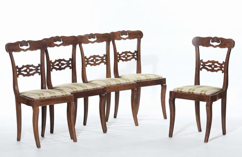 Cinque sedie con schienale traforato, XIX secolo  - Auction Furnishings from the mansions of the Ercole Marelli heirs and other property - Cambi Casa d'Aste