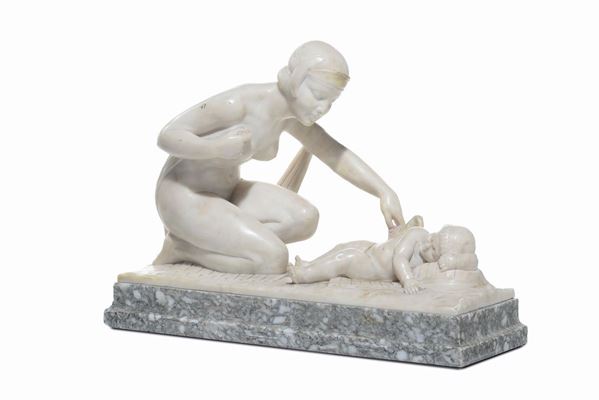 Gruppo in marmo bianco raffigurante Amore e Psiche, XIX secolo