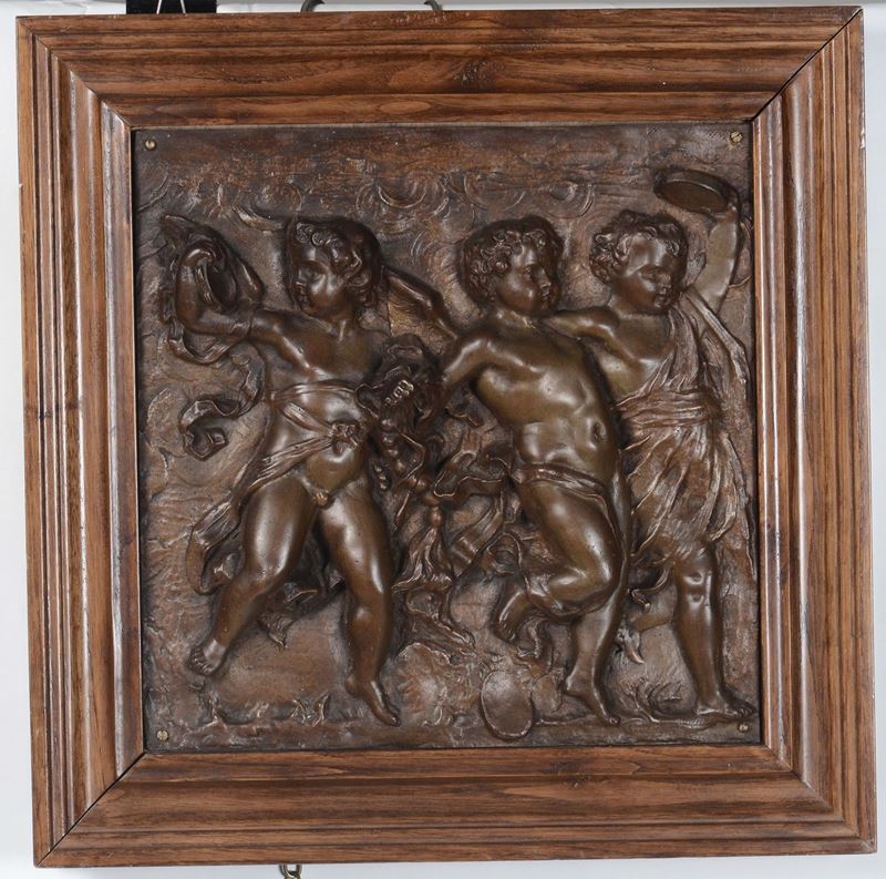 Altorilievo in bronzo con putti, XIX secolo  - Auction Furnishings from the mansions of the Ercole Marelli heirs and other property - Cambi Casa d'Aste