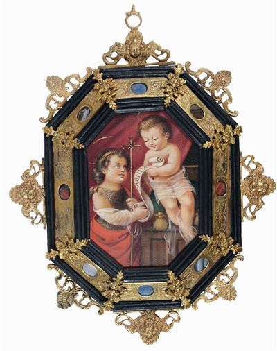 Coppia di Cornici in Legno Ebanizzato con Bronzi Dorati e Pietre Dure, Roma XIX Secolo
