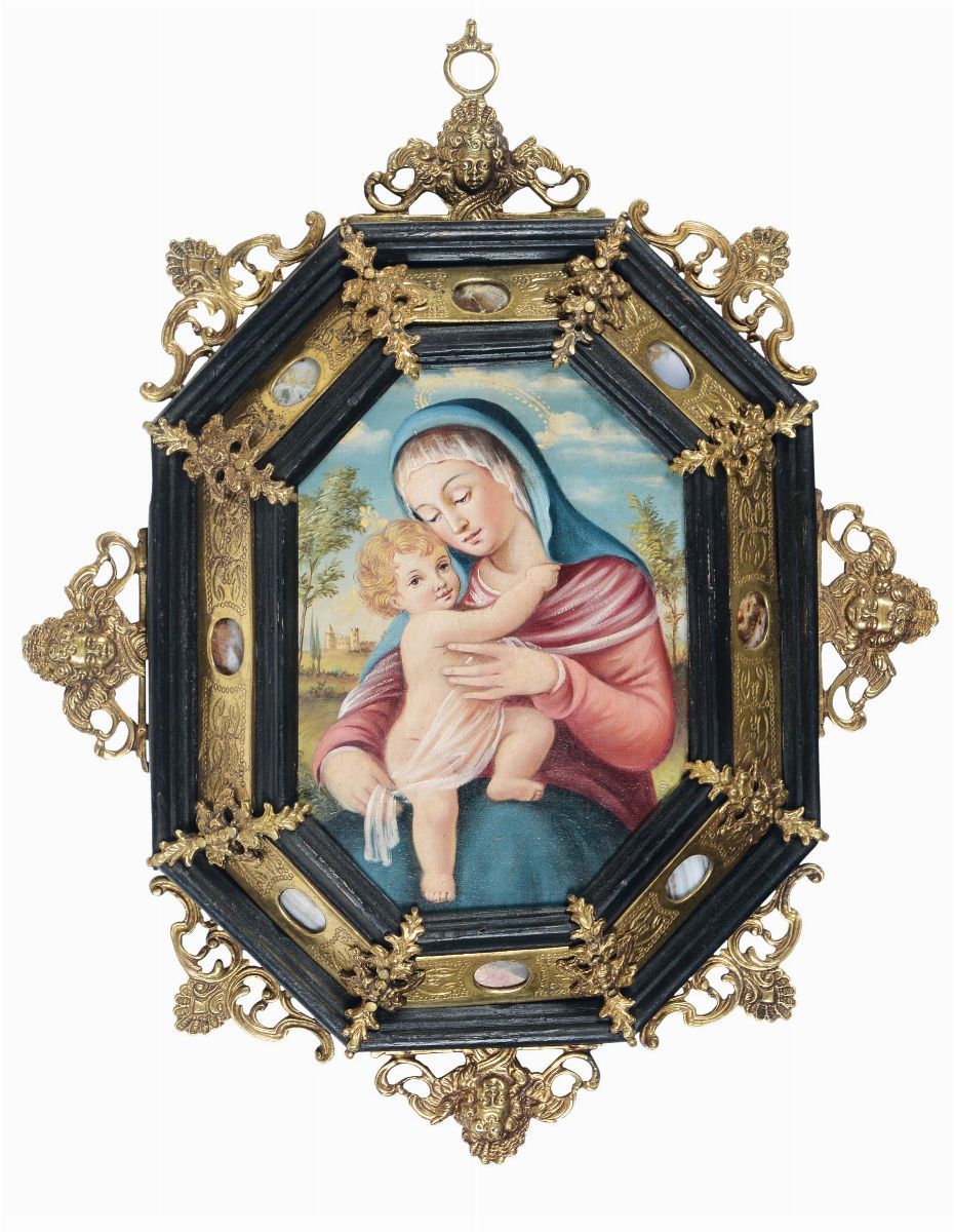 Coppia di Cornici in Legno Ebanizzato con Bronzi Dorati e Pietre Dure, Roma XIX Secolo
