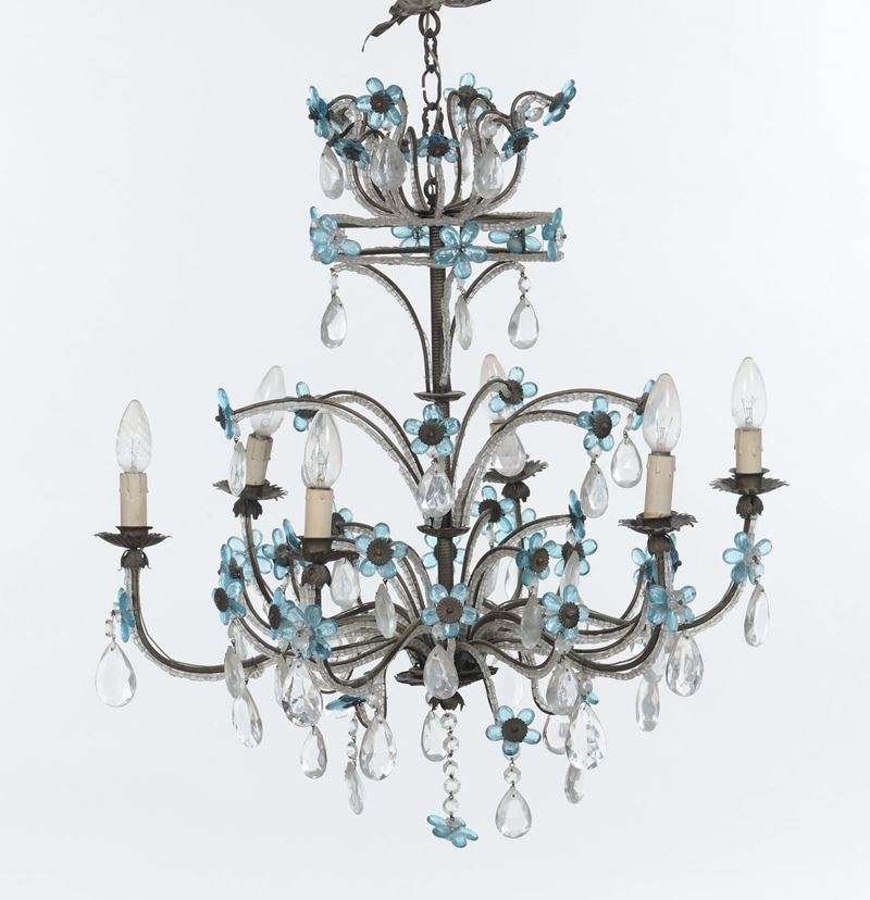 Lampadario a sei luci in metallo e cristalli, XX secolo  - Auction Furnishings from the mansions of the Ercole Marelli heirs and other property - Cambi Casa d'Aste