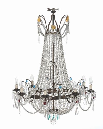 Lampadario a Mongolfiera a Otto Luci in Metallo e Cristalli, XIX-XX Secolo