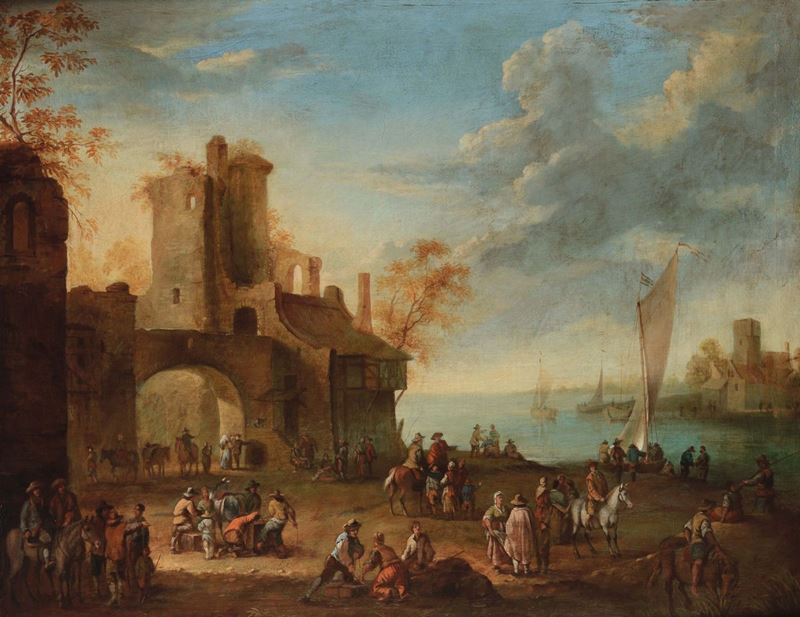 Artista fiammingo in Italia nel XVIII secolo Paesaggio con figure ed architetture  - Asta Dipinti Antichi - Cambi Casa d'Aste