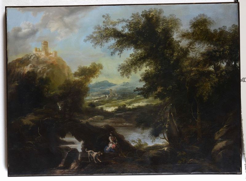Anonimo del XIX-XX secolo Paesaggio in stile antico  - Asta Arredi dalle dimore degli eredi Ercole Marelli e altre provenienze - Cambi Casa d'Aste
