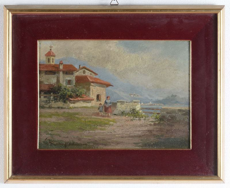 Anonimo del XIX-XX secolo Paesaggio con bimbi ed architetture  - Asta Arredi dalle dimore degli eredi Ercole Marelli e altre provenienze - Cambi Casa d'Aste