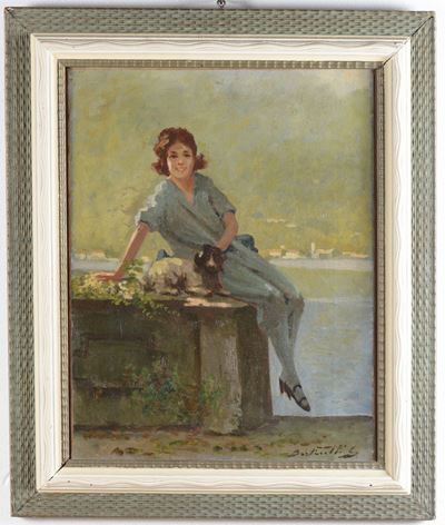 Anonimo del XIX Secolofigura Femminile con Cagnolino
