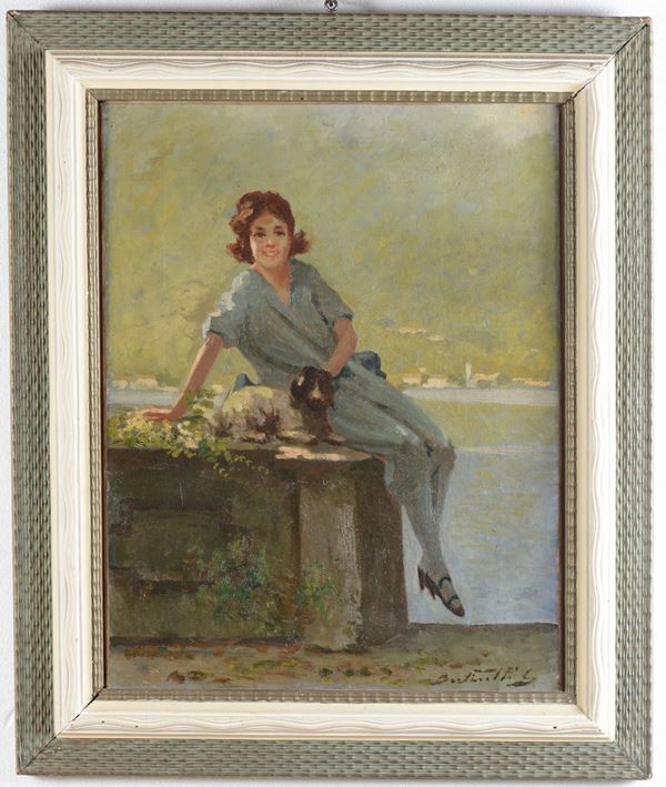 Anonimo del XIX secolo Figura femminile con cagnolino