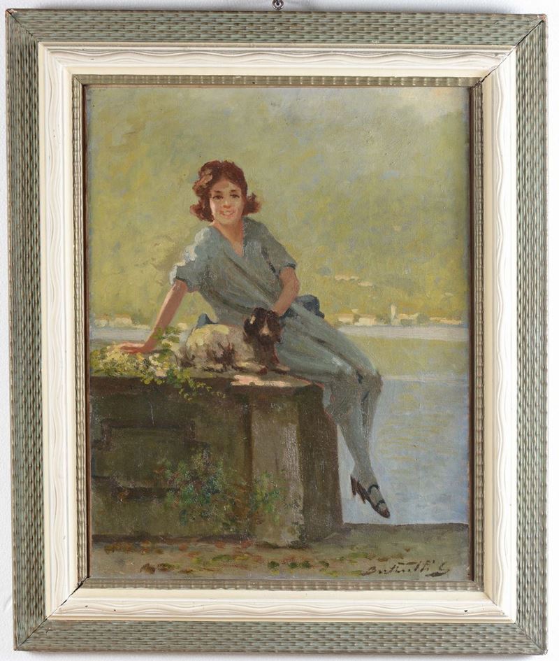 Anonimo del XIX secolo Figura femminile con cagnolino  - Asta Arredi dalle dimore degli eredi Ercole Marelli e altre provenienze - Cambi Casa d'Aste