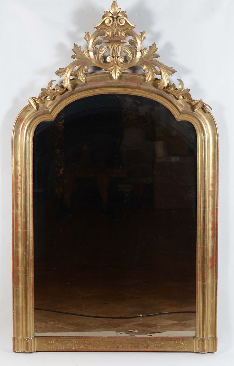 Specchiera in legno intagliato e dorato, XIX secolo  - Asta Arredi dalle dimore degli eredi Ercole Marelli e altre provenienze - Cambi Casa d'Aste