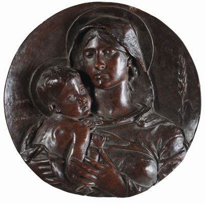 Altorilievo Circolare in Terracotta Raffigurante Madonna con Bambino, Kansen, Roma