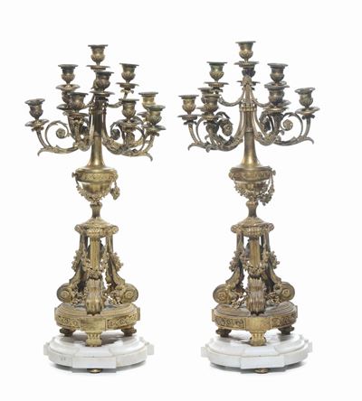 Coppia di Candelieri in Bronzo Dorato a 10 Luci, XIX Secolo