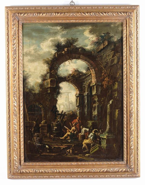 Alessandro Magnasco (1667-1749), cerchia di Paesaggio con architetture e personaggi