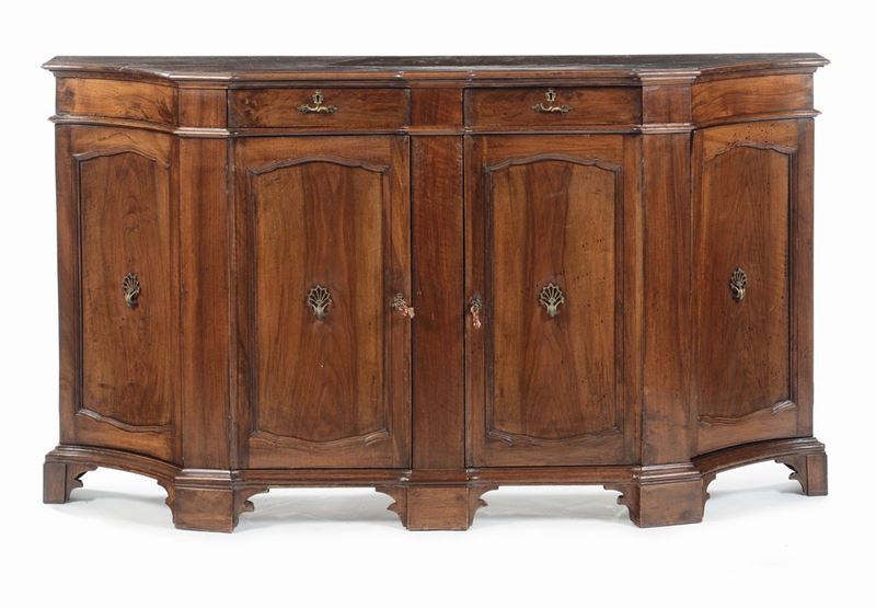 Credenza scantonata in noce, XIX secolo  - Auction Furnishings from the mansions of the Ercole Marelli heirs and other property - Cambi Casa d'Aste