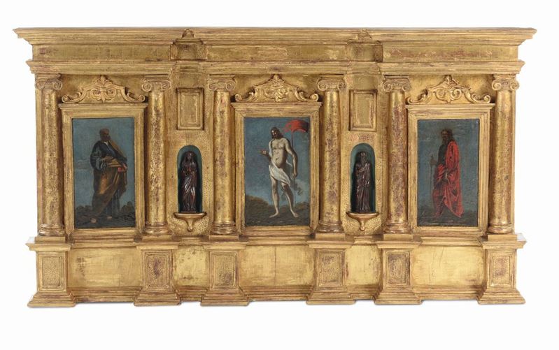 Scuola Veneta della fine del XVI secolo Trittico raffigurante Cristo risorto  - Asta Dipinti Antichi - Cambi Casa d'Aste