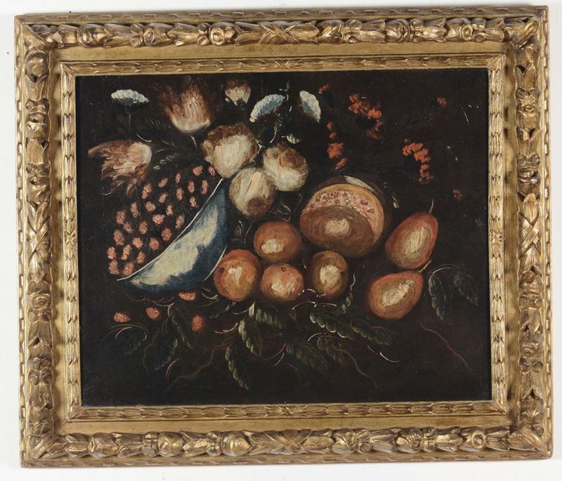 Scuola del XVIII secolo Natura morta con fiori e frutta  - Auction Furnishings from the mansions of the Ercole Marelli heirs and other property - Cambi Casa d'Aste
