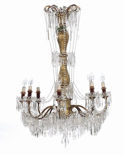 Lampadario Luigi XVI a Otto Luci con Fusto in Legno Intagliato e Dorato, XVIII-XIX Secolo