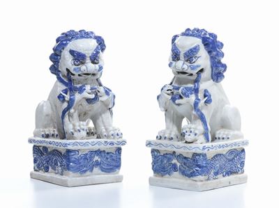 Coppia di Cani di Pho in Terracotta Maiolicata, Cina XX Secolo