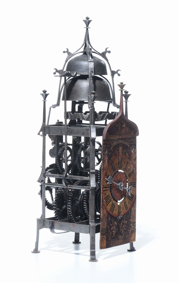 Orologio Gotico in Ferro Battuto e Quadrante in Lamiera Dipinta e Dorato. Probabilmente Wihterthu...