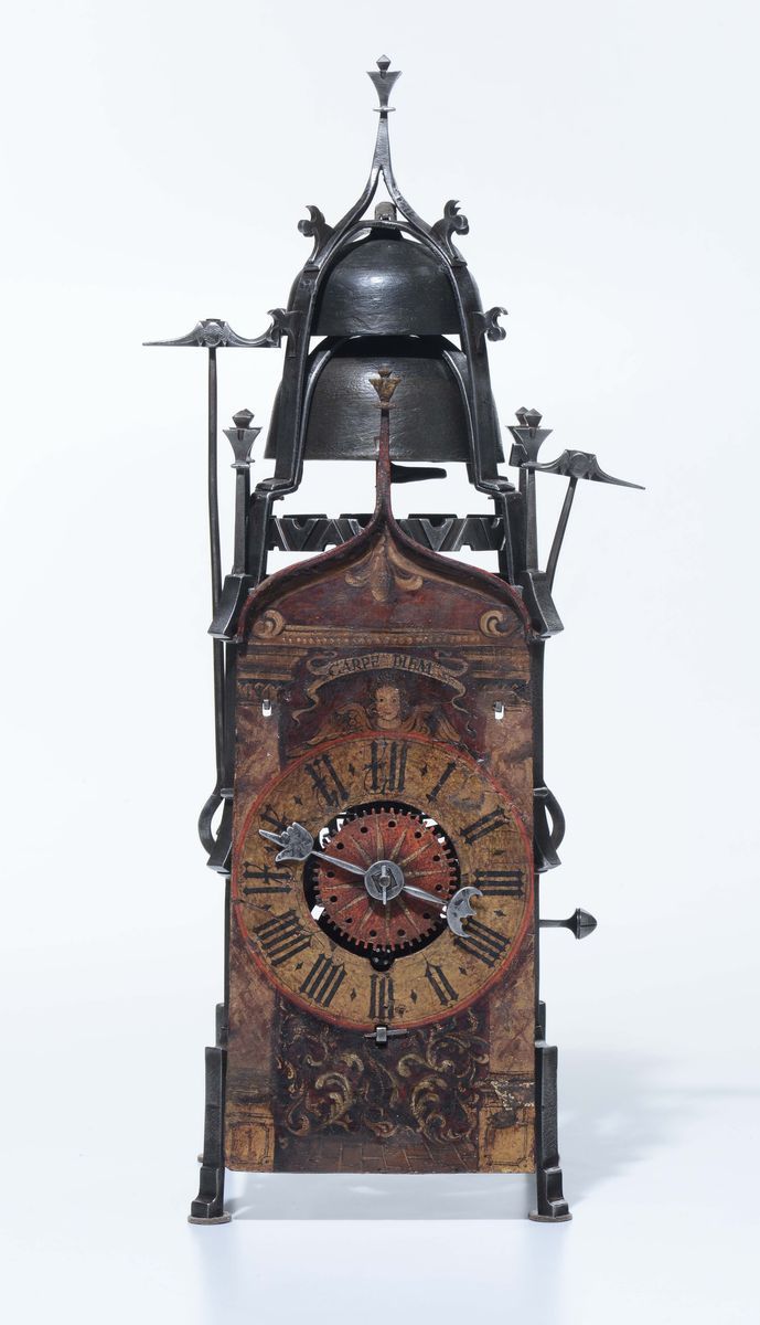 Orologio Gotico in Ferro Battuto e Quadrante in Lamiera Dipinta e Dorato. Probabilmente Wihterthu...