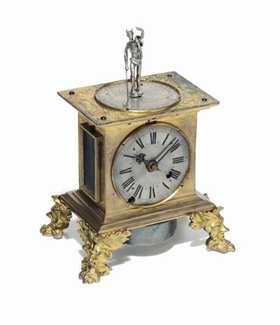 Orologio Rinascimentale con Cassa in Bronzo Dorato e Quadrante in Bronzo Argentato. Germania Iniz...