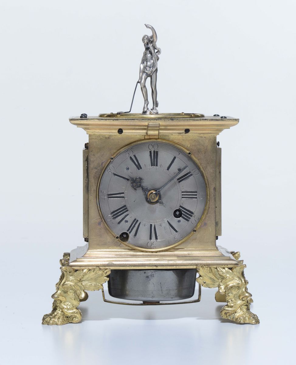 Orologio Rinascimentale con Cassa in Bronzo Dorato e Quadrante in Bronzo Argentato. Germania Iniz...