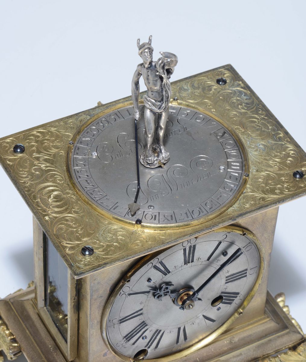 Orologio Rinascimentale con Cassa in Bronzo Dorato e Quadrante in Bronzo Argentato. Germania Iniz...