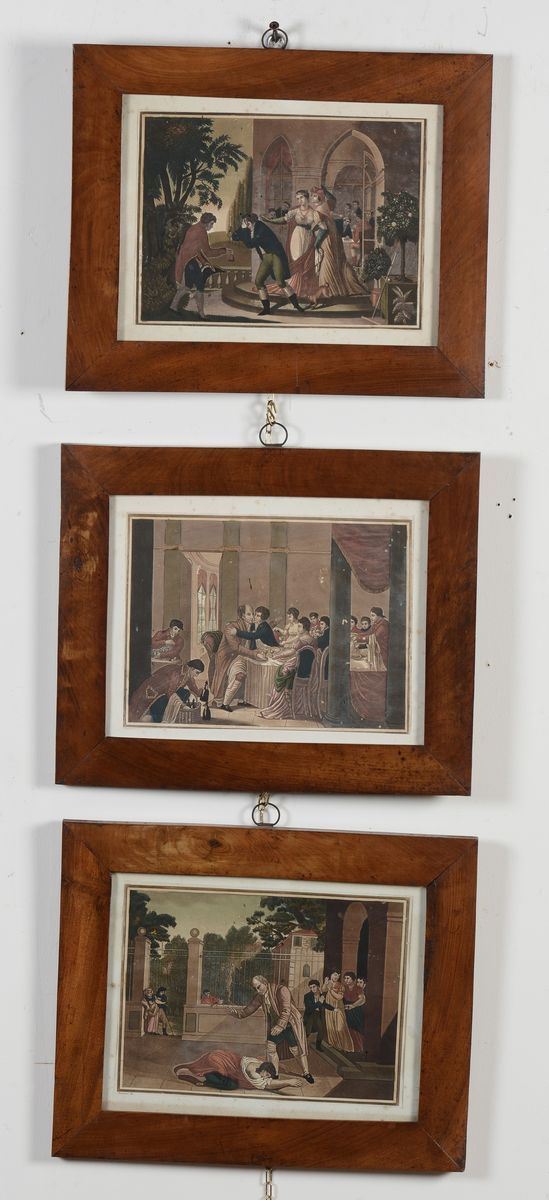 Lotto di 3 stampe acquerellate con scene di interni, XVIII-XIX secolo
