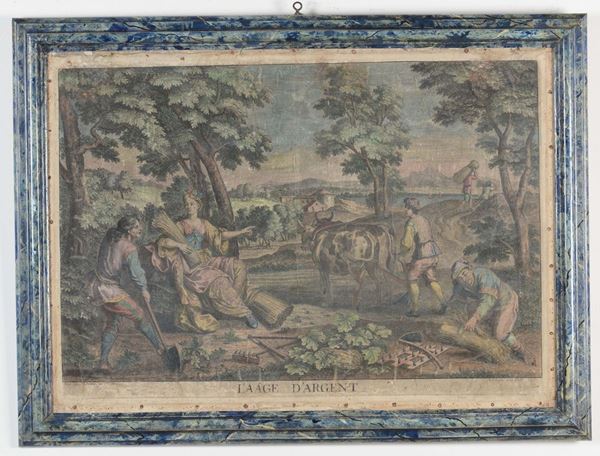 Coppia di stampe acquerellate in cornici laccate, Francia XVIII secolo